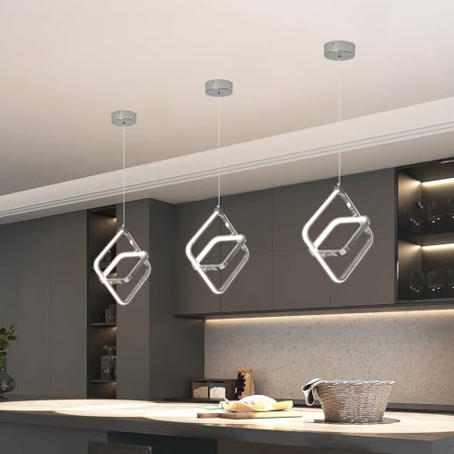 Image of Modern LED Chandelier Chrome Rectangular Pendant Light Fixtures 4000K 20W Dimmable Height Adjustable Pendant Lighting for Dining Room Kitchen Island Bedroom Living Room Foyer(3-Pack)