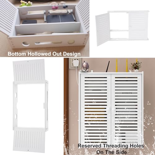 KOOGIMDDR Wandregal aus PVC für WLAN-Router & Steckdosen - 2 höhenverstellbare Ebenen mit Schwingtüren - Staubsicheres Kabelmanagement (Kabelbox) - Platzsparend für Wohnzimmer/Büro - Montagefreundlich