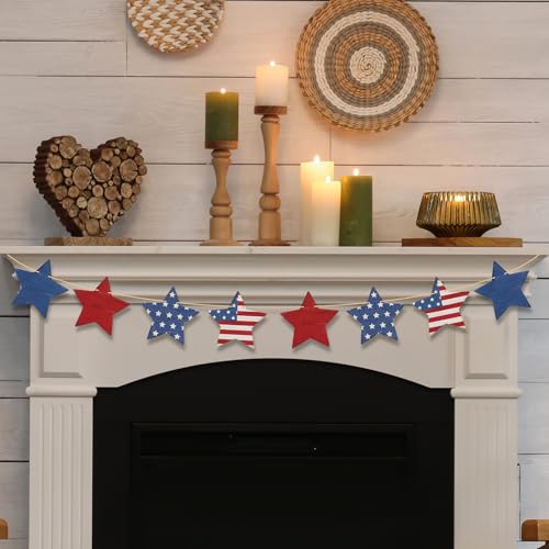 4th of July Patriotic Garland Decorations Rustic Wooden Star Red White and Blue Garland Decor Retro 4th of July Banner for Fireplace Mantel Wall Patriotic Party Home Decor (Star)