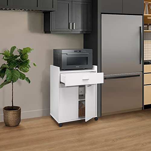 Kings Brand Furniture - Kitchen Cabinet Rolling Cart on Wheels, Microwave Shelf Stand with One Drawer, Two Doors for Kitchen, Dining Room, White