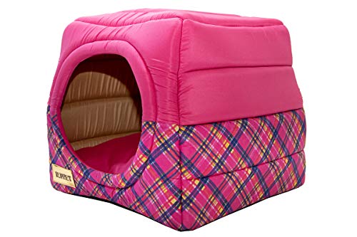 Toca e Cama Luppet 2 em 1 com Almofada para Cães e Gatos de até 5Kg Rosa Xadrez M