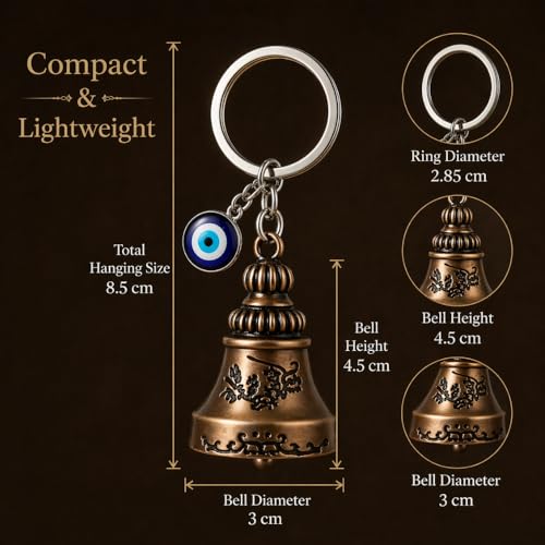 Image of Guardian Bell for Bike Riders, Guardian Bell Keychain with Evil Eye Charm, Metal Lucky Travel Amulet for Car Keys, Meaningful Gift for Men and Women (Antique Brass)