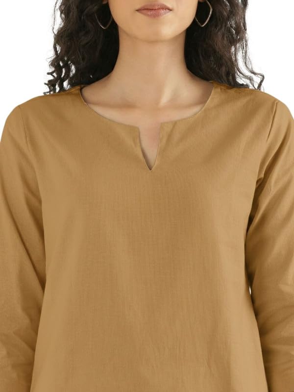 Image of SAADAA Airy Linen Split Neck Short Kurta for Women | Casual & Office Wear | 3 /4 Sleeves, Comfortable Fit | Elegant Top | Lightweight & Breathable Fabric |