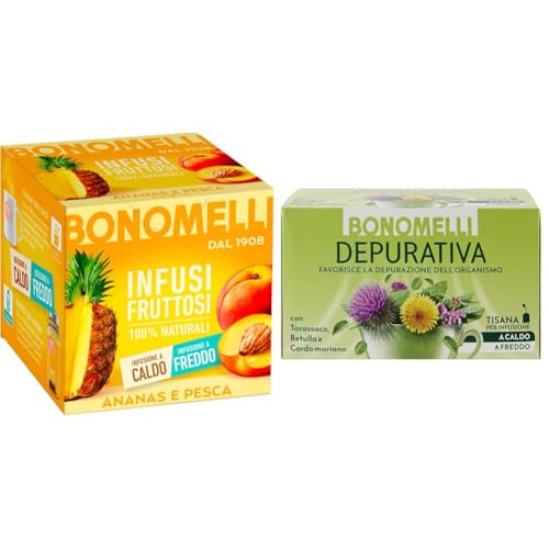 Duo Benessere Detox Bonomelli: Il perfetto abbinamento tra la forza purificante della Tisana Depurativa e la dolcezza esotica dell'Infuso Fruttoso Ananas e Pesca, per supportare il tuo benessere e regalarti momenti di puro gusto.