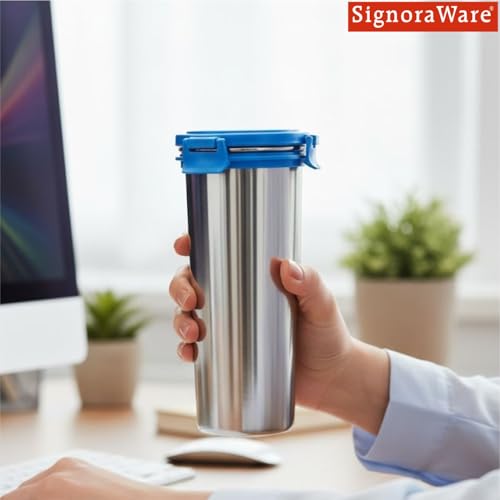 Image of Signoraware Lock N Store Stainless Steel Round Tumbler | Airtight & Leakproof | Compact Design | Easy to Clean | Ideal for Office, School, Travel, and Home Use (500ml | TBlue)