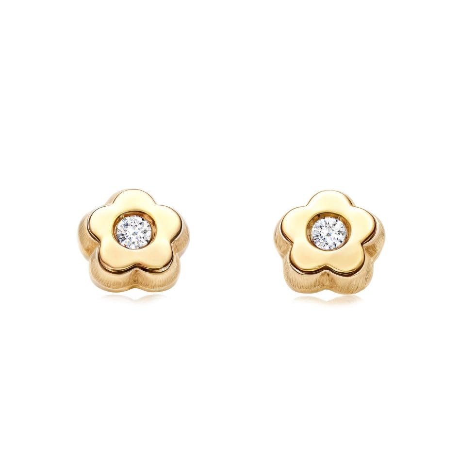 Pendientes Bebe circonita brillante y diseño de margarita en oro 9K Mondepetit
