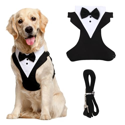 Hund Smoking Anzug & Bandana Set,Hundebekleidung&Zubehör,Atmungsaktives Hemd für Welpen mit Abnehmbarer Leine,Geeignet für Gartenpartys, Spaziergänge, Parks und den täglichen-Schwarzes XL.