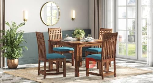 Image of Dining Table Set || Wood Dining Table with Chair 4 Seater || Dining Room Furniture || Wooden 4 Seater Dining Table || Modern and Unqiue Dining Table Living Room (4 Seater Dining Table) Natural Finish