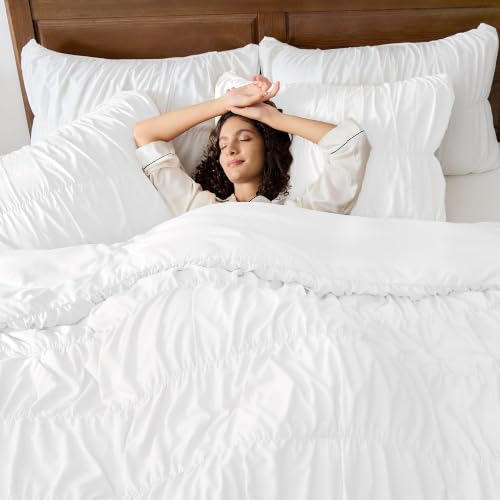 Image of Andency Ruched White California King Comforter Set, Boho Ruffle 3 Pieces