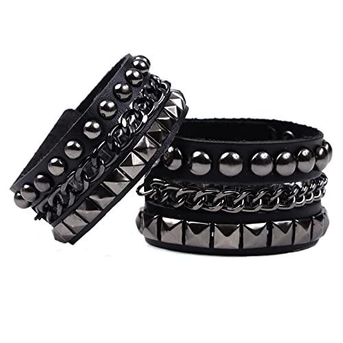 Eigso Black Leather Bracelet Punk Spike Rivet Cuff Bangle Metal Studded Halloween Wristband for Women and Men