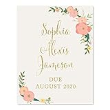 Andaz Press Personalized Baby Shower Party Signs, Faux Gold Glitter with Peach Coral Floral Flowers,...