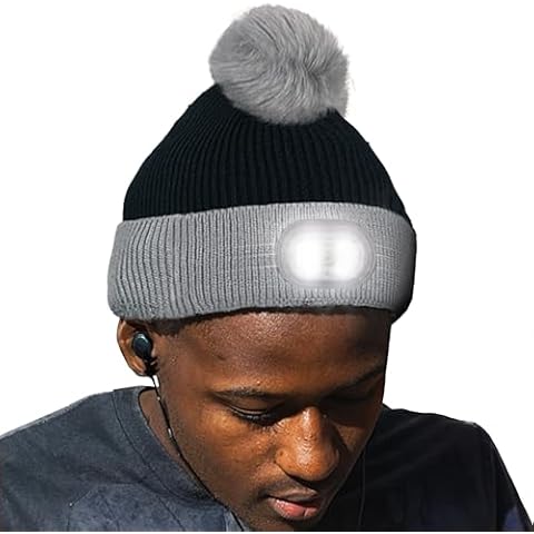 HEAD LIGHTZ Headlightz by Roq Innovation - Beanie with Light, Unisex LED Beanie Hat Pom Pom with Light Built in, Rechargeable, Black-Grey Cover