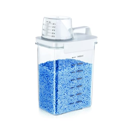 Cnwinu Laundry Detergent Storage Organiser with Measuring Cup, Dosing Aid for Laundry Detergent, Airtight Detergent Container,Washing Powder Storage,Soap Liquid,Fabric Softener,Laundry Beads (1800mL)
