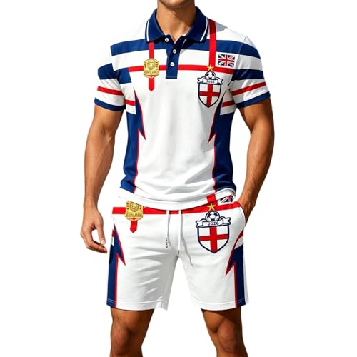 Image of Men's England Inspired 2-Piece Polo Tracksuit,2026 Short Sleeve Button Down Shirt & Drawstring Shorts, Casual Sportswear Set with Graphic Print, Lightweight Knit Blend Outfit for Daily & (White-j, L)