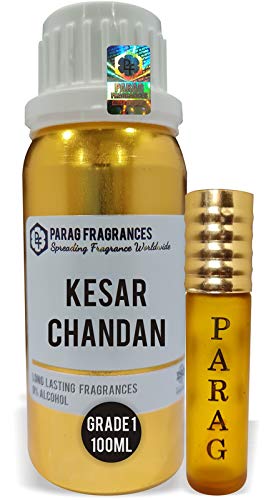 Parag Fragrances Kesar Chandan 100Ml Natural Attar (With Empty Fancy Bottles) Alcohol Free Grade 1 Natural Attar/Perfume Oil/Essential Oil For Clothes, Religious Use & Cosmetics Making
