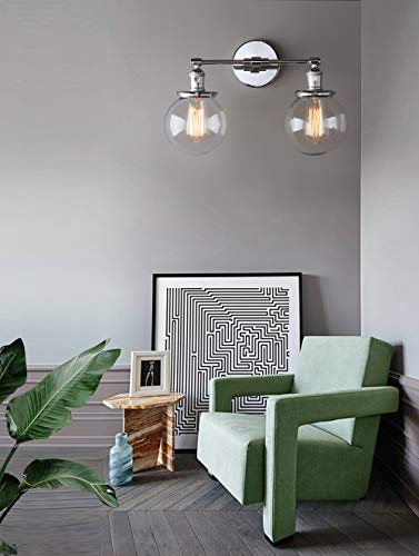Phansthy 2 Lights Wall Sconce Industrial Wall Light Fixture With Dual 5.9 Inches Handmade Globe Glass Lampshade (Chrome) #TOP3