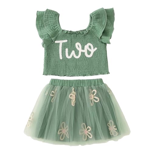 SOFEON Toddler Girl Birthday Outfit Flower Embroidery Ruffle Tank Top Tutu Skirt 2-7T Birthday Party Flower Tulle Skirt Set(Green-2nd 2T)