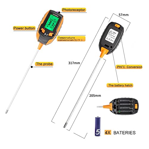 Bodem PH Meter 4 in 1, Digitale Bodemplant Vochtmeter, Bodemvochttester met PH/Temperatuur/Licht/Vochtigheid voor… - Image 3