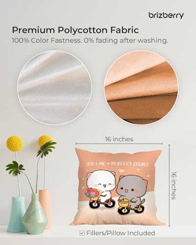 Image of Brizberry Peach and Goma Mochi Cat Pillow Cushion, 16x16 Inch, Polyester Fill, Throw Pillow, Luxury, Square, Indoor, Reversible (Design 45)