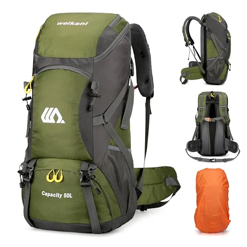 Mingfuxin Waterproof Hiking Backpack 50L, Outdoor Camping Rucksack Backpacking Backpack with Rain Cover, Lightweight Trekking Walking Travel Rucksack for Climbing Cycling Hiking
