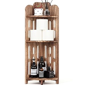 Meangood Bathroom Corner Shelf Stand, 3 Tier Solid Wood Display for Narrow Space, Shower Shelf, Plant Stand Nightstand, Living Room, Bedroom, Home Office, Elegant Carbonized Black