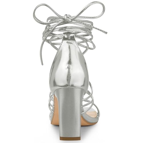 Allegra K Allegra K Women's Square Heel Lace Up Strappy Chunky High Heels Silver Sandals 10 M US