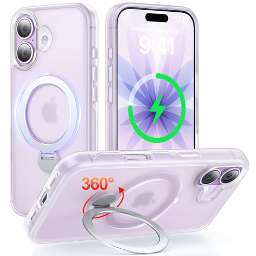 iPhone 17 ケース MagSafe対応 360°回転スタンド&隠し収納式 縦横両対応 半透明マット仕上げ 指紋防止 i phone17 スマホケース マグネット搭載 超強磁力 ワイヤレス充電対応 アイホン17 カバー 米軍規格 耐衝撃 カメラ保護 おしゃれ・半透明