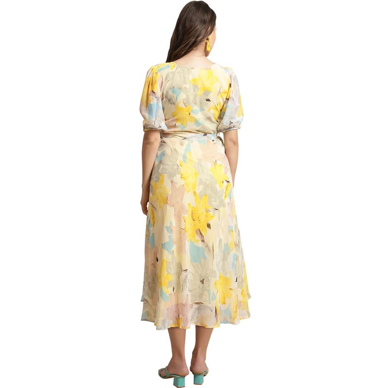 Preneum Women's Maxi Fit & Flare Print Georgette Regular Sleeves Casual |Summer |Latest Style |Festival & Occasion Maxi Gown(Maxi-N-28_Xl) Light Yellow