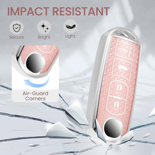 Image of Car Key Fob Cover for Mazda, Rhinestone Wristlet Case, Pink | Wear-resistant TPU shell, non-stretch rhinestone wristlet, daily splash, scratch and drop protection, normal signal use