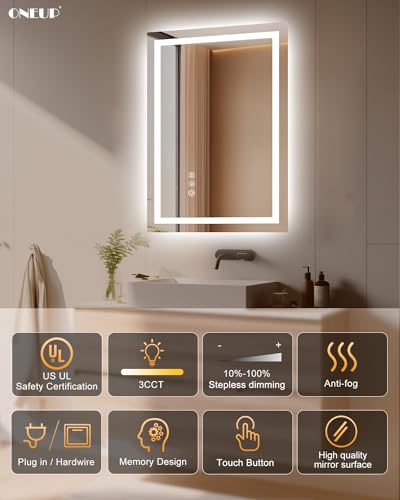 Oneup BML1624 16X24''Small Bathroom Mirror With Lights,Front Lighted Bathroom Mirror For Wall,Stepless Dimmable,Anti-Fog,Modern Led Vanity Mirror,Memory,Touch Botton thumb #2