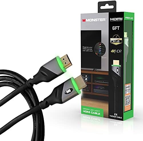 Monster 6ft High Speed 4K Hdr Hdmi Cable with Built-in Green Led Light, Gaming, Video, and Computer