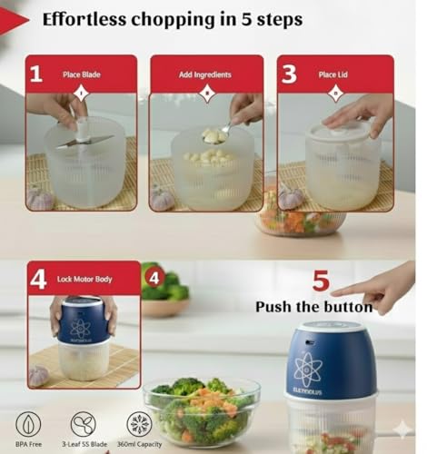 Image of Rechargeable mini electric chopper for kitchen,360 ml, Food Grade Bowl, Stainless Steel Blades, One Touch operation, Mincing Garlic, Ginger, Onion, Vegetable, Nuts(OXFORD BLUE)