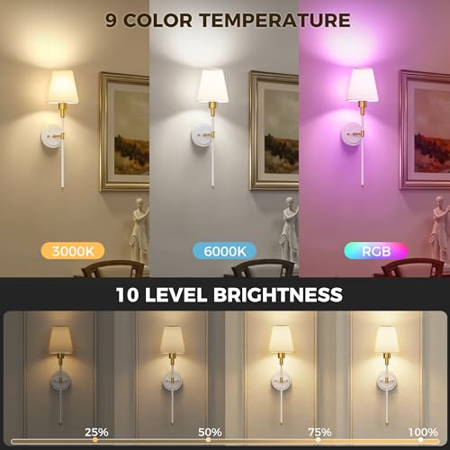 Image of DORESshop Battery Operated Wall Sconce Set of 2, Wireless Wall Light Easy to Install, 7 Color Rechargeable Wall Sconces, Sconce Wall Decor Set of 2 for Bedroom, Living Room, Gold and White, 24.6in