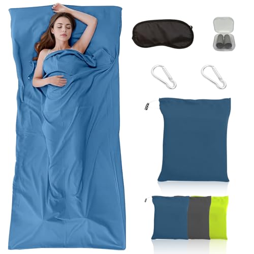 lafo Juego de sacos de dormir de viaje 2 en 1, interior de microfibra ultraligero con textura de fibra de seda, tamaño compacto para hostales, camping y mochileros, 220 x 90 cm (azul)