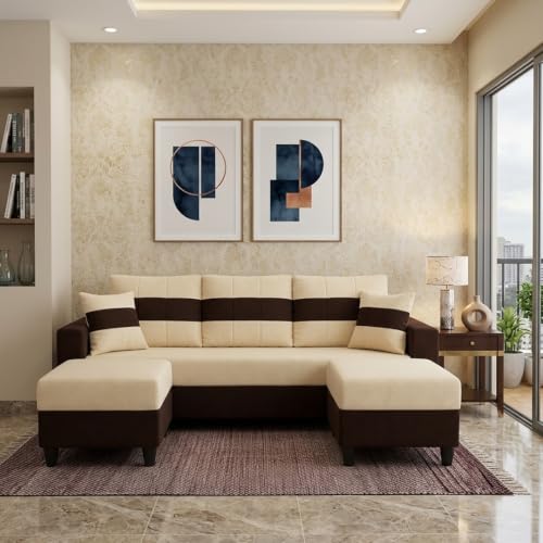 Image of Cavona 5 Seater L Shape Sofa Set with 2 Movable Ottomans | Flexible Layout | Luxury Velvet Suede Fabric | Modern Living Room Sofa | Dark Brown-Cream