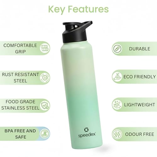 Image of Speedex Stainless Steel Water Bottle 1 Ltr, Leak Proof Sipper Cap, BIS Approved 1000 ml Metal Bottle For Daily, Office, School, Gym, Travel Use for Men, Women, Kids, Adults, Dual Green, Set of 1