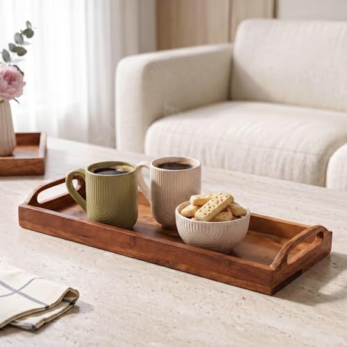 Image of Nestasia Wooden Serving Tray with Handles (41x16cm) - Acacia Wood Rectangular Brown Tray for Dining & Coffee Table | Platter for Serving Tea, Cakes, Snacks, Breakfast & Home Decor (Deep Brown)