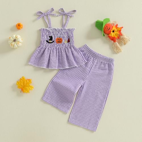 Kayotuas Halloween Toddler Girl Outfits Pumpkin Smocked Spaghetti Strap Tank Top Dress Gingham Plaid Pants Halloween Clothes3