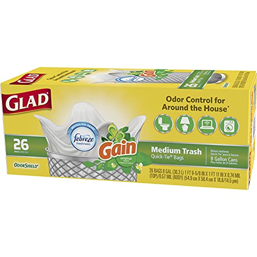 Glad Trash & Food Storage Medium Quick-Tie Trash Bags - Odorshield 8 Gallon White Trash Bag, Gain Original With Febreze Freshness, 26 Count (Pack Of 6) #TOP7