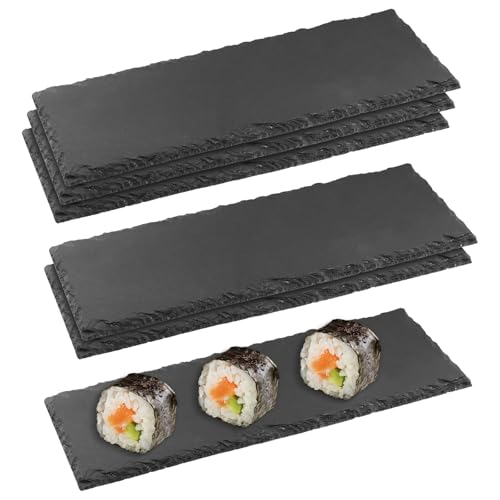 FUNSUEI Lot de 6 plateau de service rectangulaires en ardoise, 30 x 10 cm, Noir, plateau repas Pour sushis, fromage, buffet, entrées, desserts