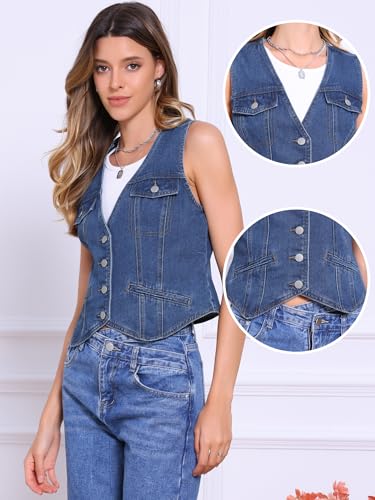 Allegra K Denim Vest for Women's Button Down V Neck Western Waistcoat Sleeveless Jean Jacket2