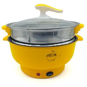KRESHU 220V Electric Cooker with Frying Pan | Multifunctional Electric Hot Pot with Steamer | Household Non-stick Kitchen Tools | Large Capacity 2 Layer Electric Heating Pan | Cooking Rice Cooker Steamer Pot (YELLOW)