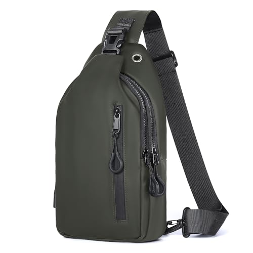 Geestock Bolso Bandolera para Hombre, Bolsa de Pecho Mochila co Puerto para Auriculares, Bolsos Cruzado de Impermeable Piel Sintética para Viaje, Deportes, Senderismo y Ciclismo (Verde)