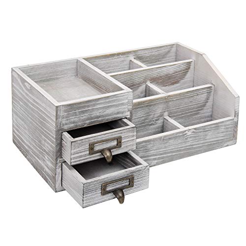 Distressed Rustic Wooden Office Desktop Organizer Wood Shelf Tabletop Home Organizer Storage with Multiple Compartments 2 Tier Drawers,perfect Jewelry storage Display Box for Desk, Vanity (gray) - Image 3