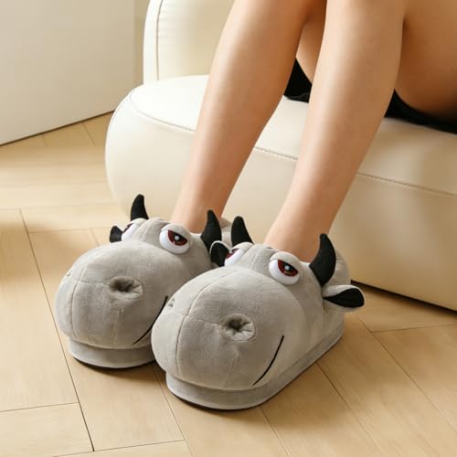 Image of Fluffy Hippo & Elephant Slippers - Oversized Warm House Slippers for Adults | Non-Slip Soft-Sole Indoor Slippers