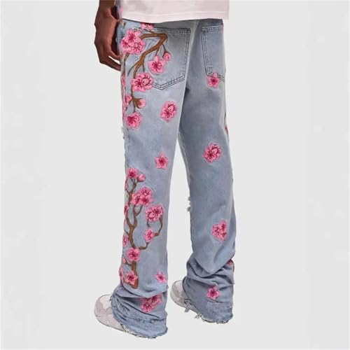 Men’s Light Blue Embroidered Streetwear Jeans - Straight Leg Ripped Graphic3