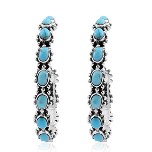 SANTA FE Style 925 Sterling Silver Turquoise Blue Southwest Jewelry Hoops Hoop Earrings for Women (Nickel Lead Free 31 mm)