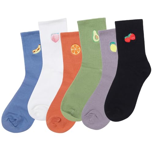 Socks Women Socks Fruit Embroidered Cute Fashion Crew Socks Banana Avocado Strawberry 6pairs