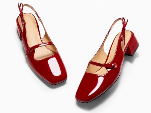 Image of Coutgo Womens Mary Jane Shoes Slingback Chunky Low Heels Bow Closed Square Toe Pumps Wedding Party Dress Shoes