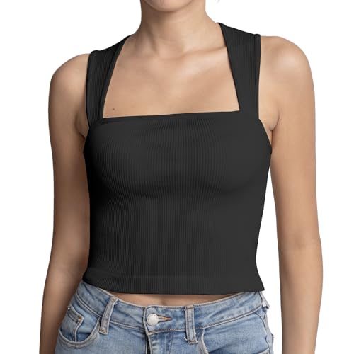 Nabawa Women's Square Neck Going Out Crop Top Workout Fitness Tank Top Casual Cute Crop Cami,Black S